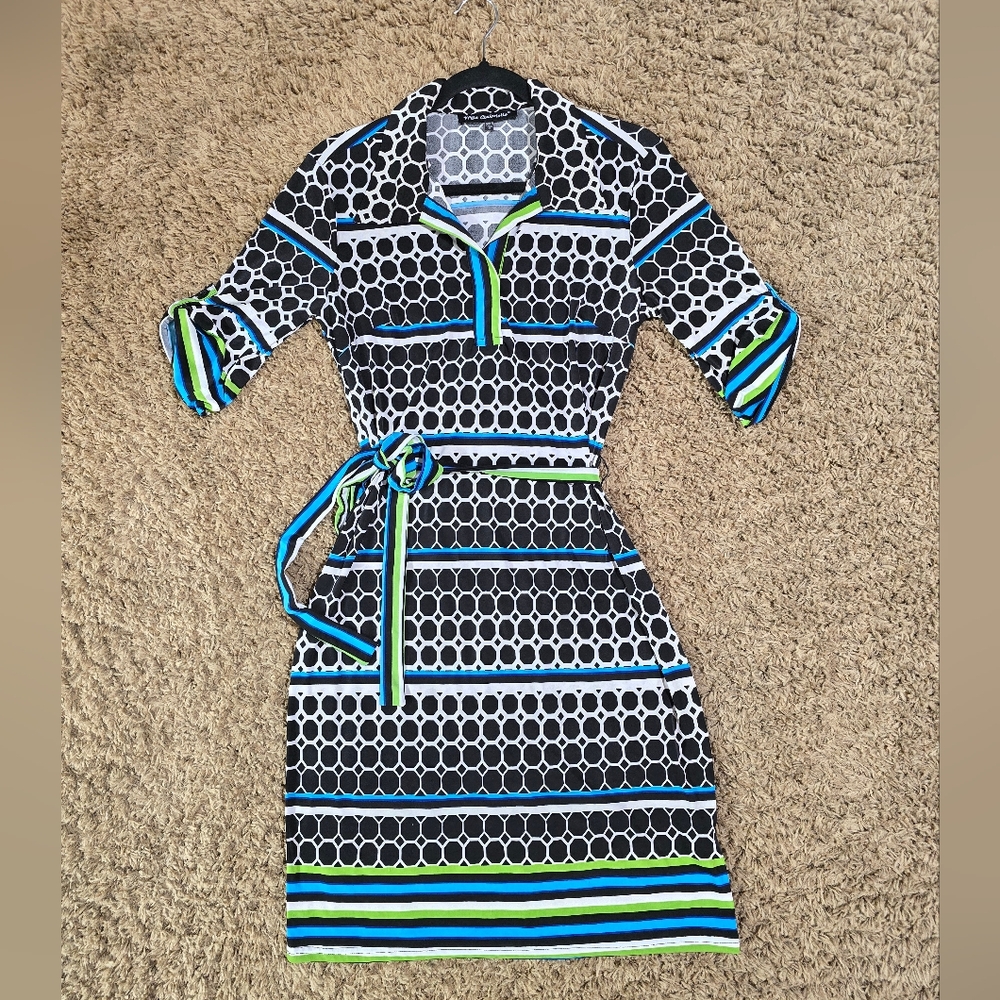 "Mlle Gabrielle"  Dress, Stylish Black, Blue, Green And White Patterned Dress